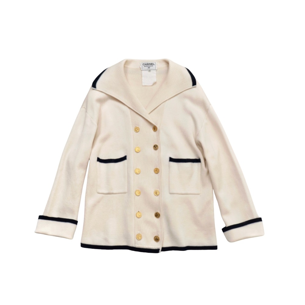 Chanel 1987 vintage Cardigan gold elephant buttons creme with navy trim